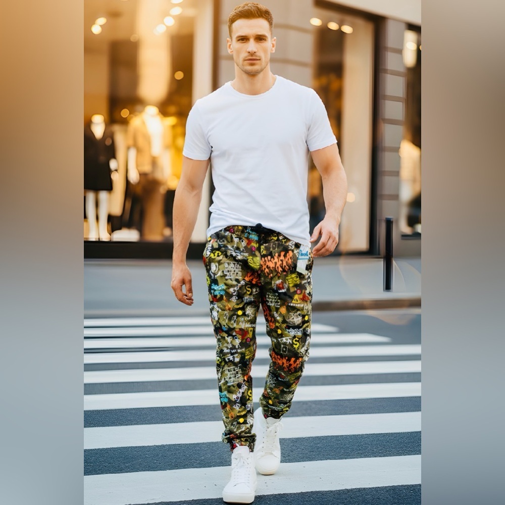 Fresh Prints of Bel-Air SZ M OR L green camo graffiti print jogger w/pockets